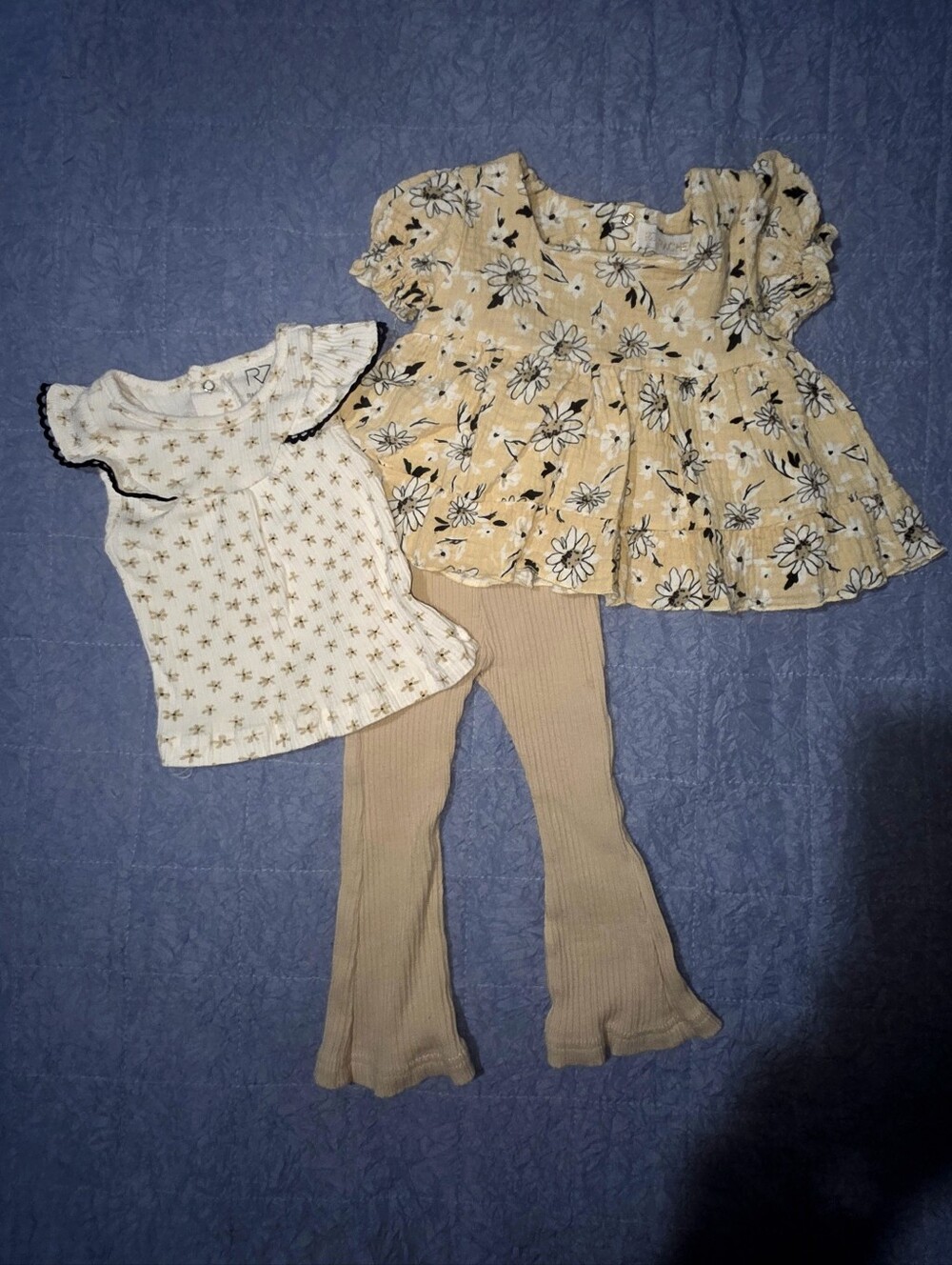 Rachel Zoe Girls Yellow Floral Top, Cream Star Blouse & Tan Ribbed Pants Set
